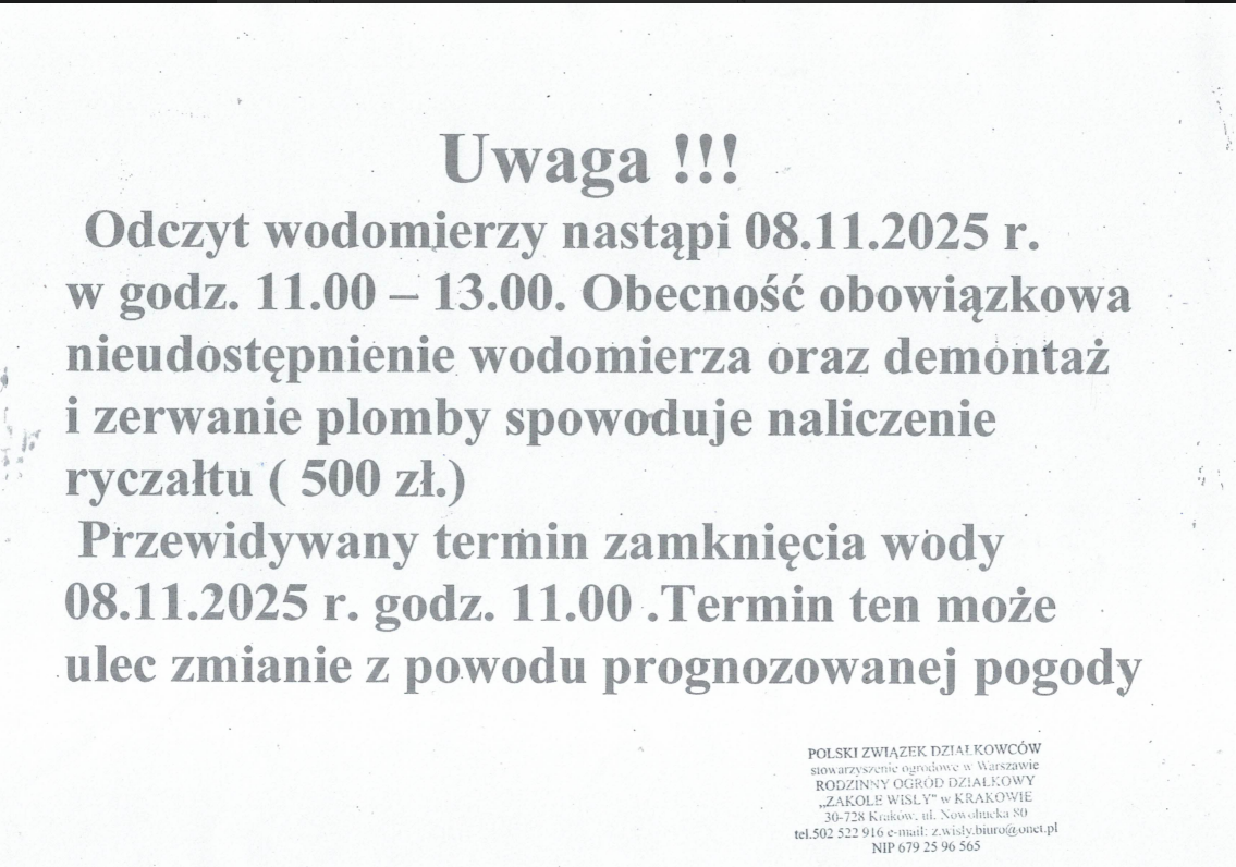 Odczyt wodomierzy 08.11.2025 o godz 11 do 13