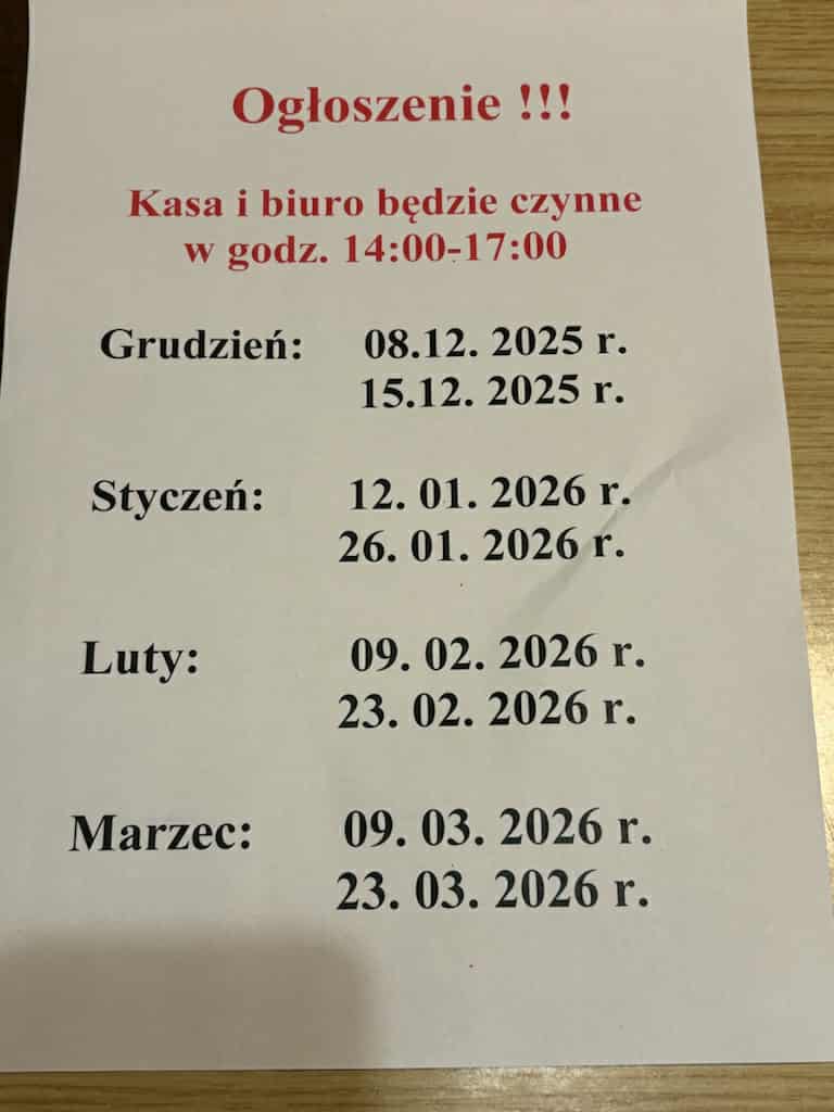 Biuro i kasa czynne 14 - 17: 8.12.2025, 15.12.2025